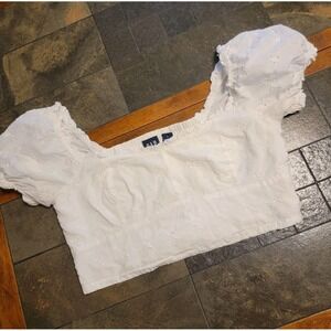 Puff‎ Sleeve Cropped Babydoll White Eyelet Lace GAP Milkmaid Celestial Y2K L